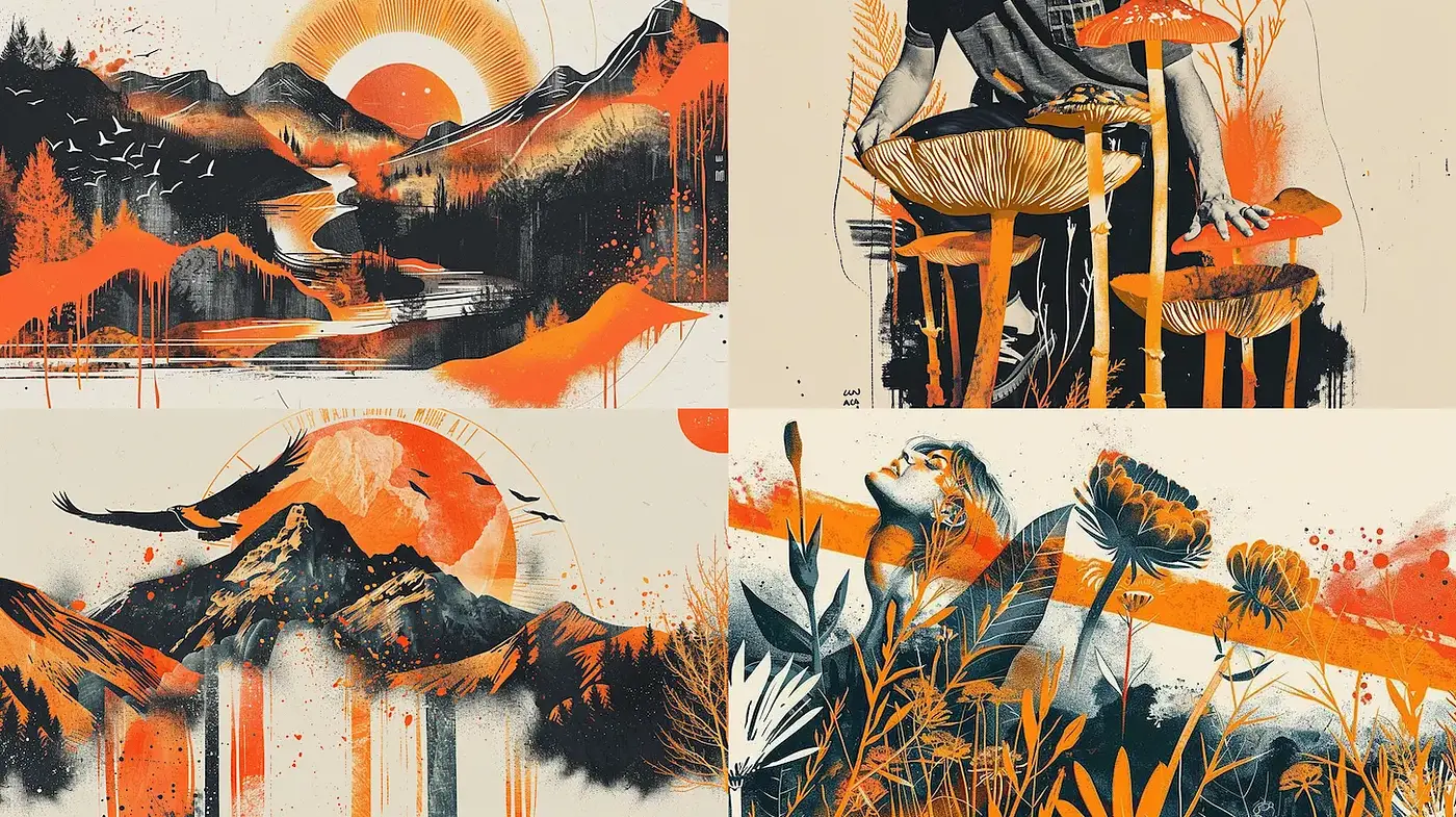 Dynamic interplay of organic and geometric shapes with an urban flair - Midjourney sref style