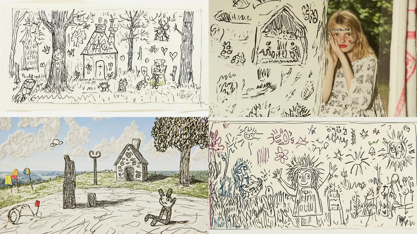 Whimsically Sketched Dreams: A Consistent Crosshatch of Nostalgia - Midjourney sref style