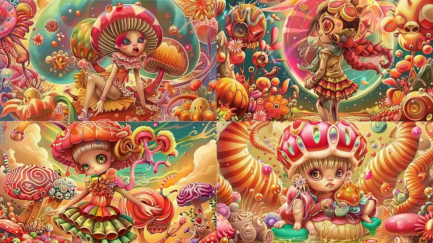 Playful and Whimsical Candy-Colored Fantasy Art with a Surreal Touch - Midjourney sref style