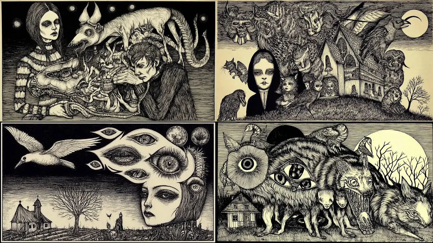 Eerie and Surreal Illustrations with a Distinctive Gothic Tone - Midjourney sref style
