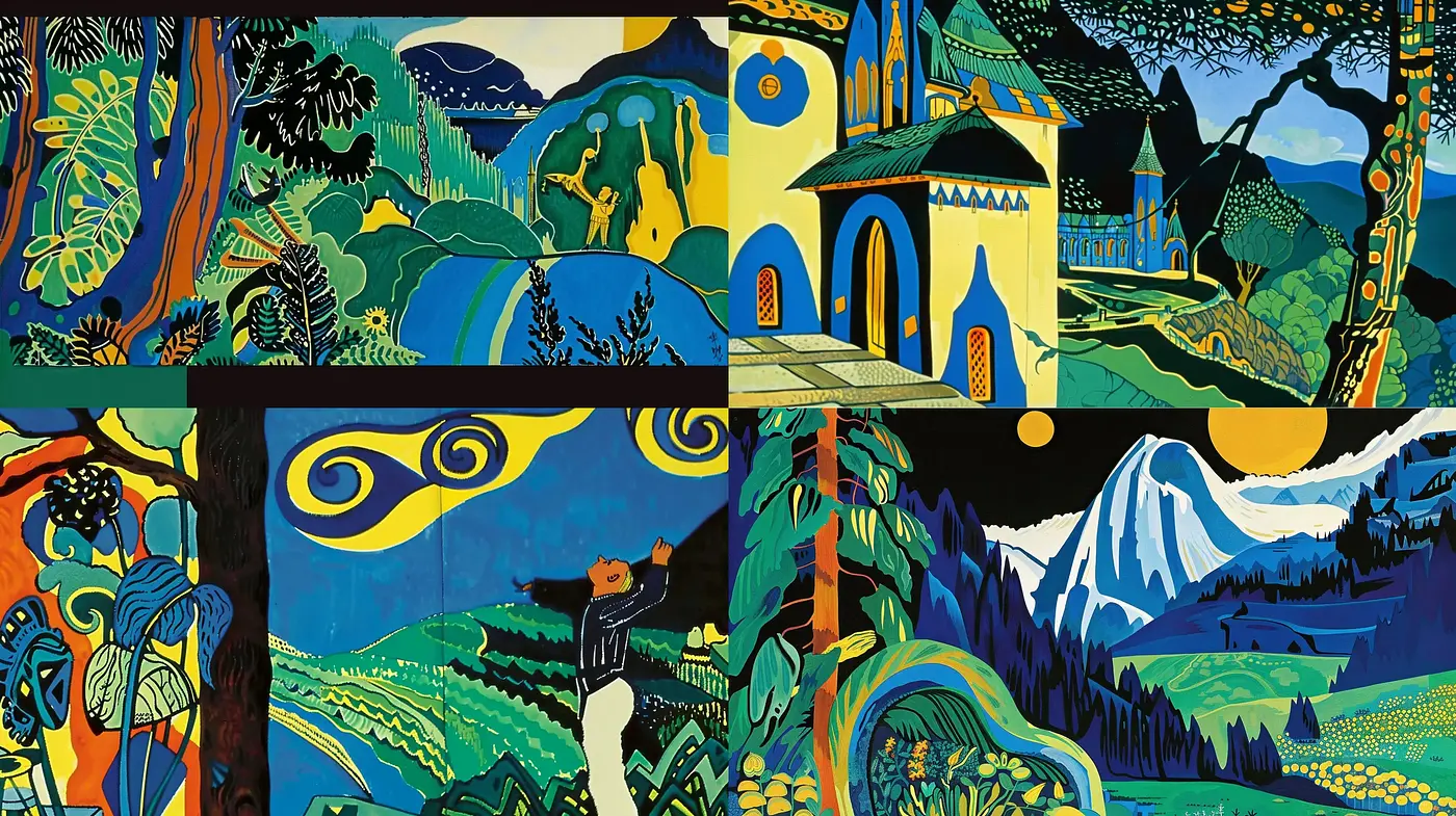 Enigmatic Vivid Dreamscapes in Bold Contours - Midjourney sref style