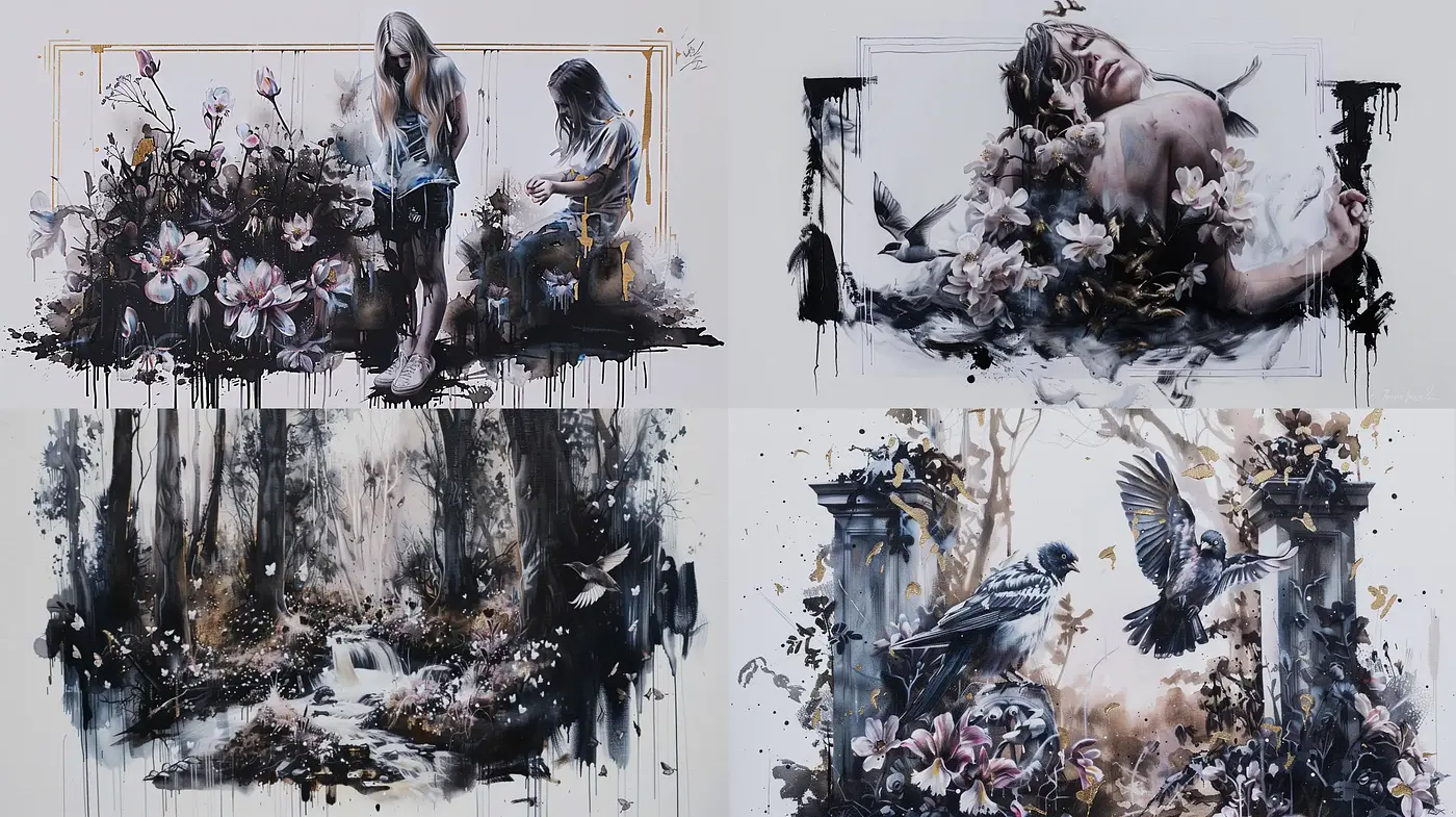 Ethereal Decadence with Monochrome and Floral Accents - Midjourney sref style