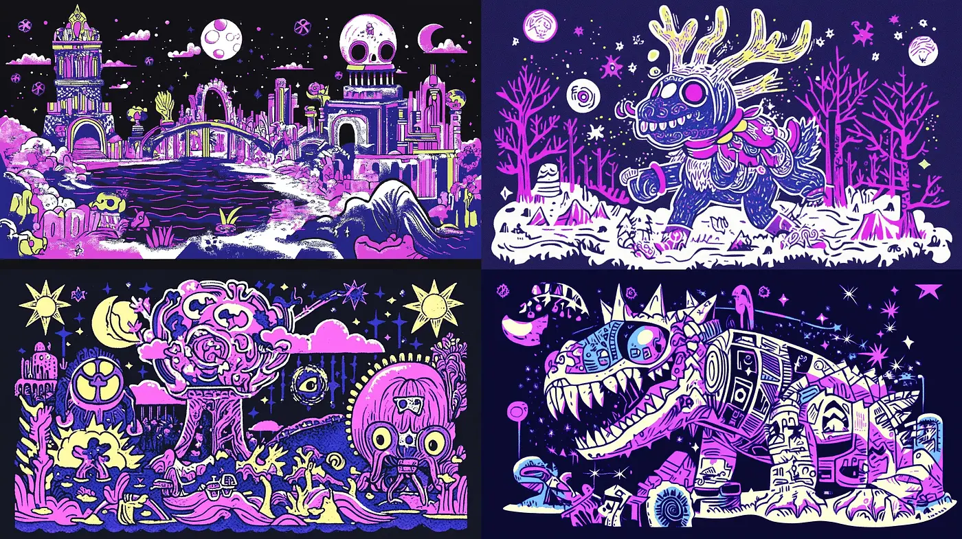 Eccentric Neon Dreamscape: A Vibrant Retro-Futuristic Illustrative Exploration - Midjourney sref style