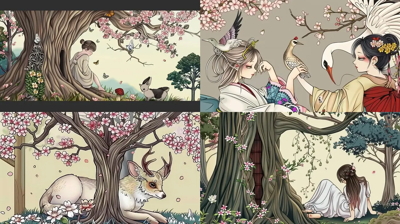 Ethereal Nature and Mythical Encounters in East Asian-Inspired Illustrative Art - Midjourney sref style