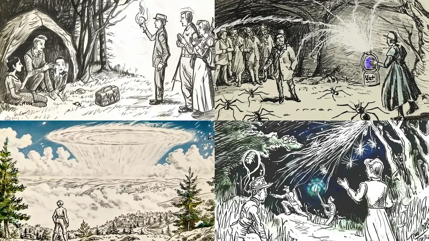 Eerie and Dramatic Storytelling through Vintage Illustration Techniques - Midjourney sref style
