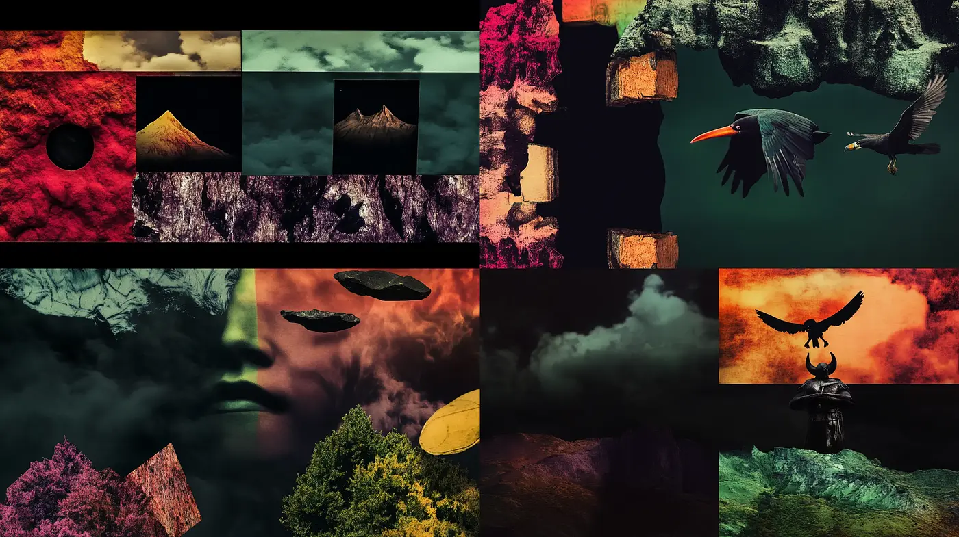 Moody Surrealism with Dark Tones and Nature Motifs - Midjourney sref style