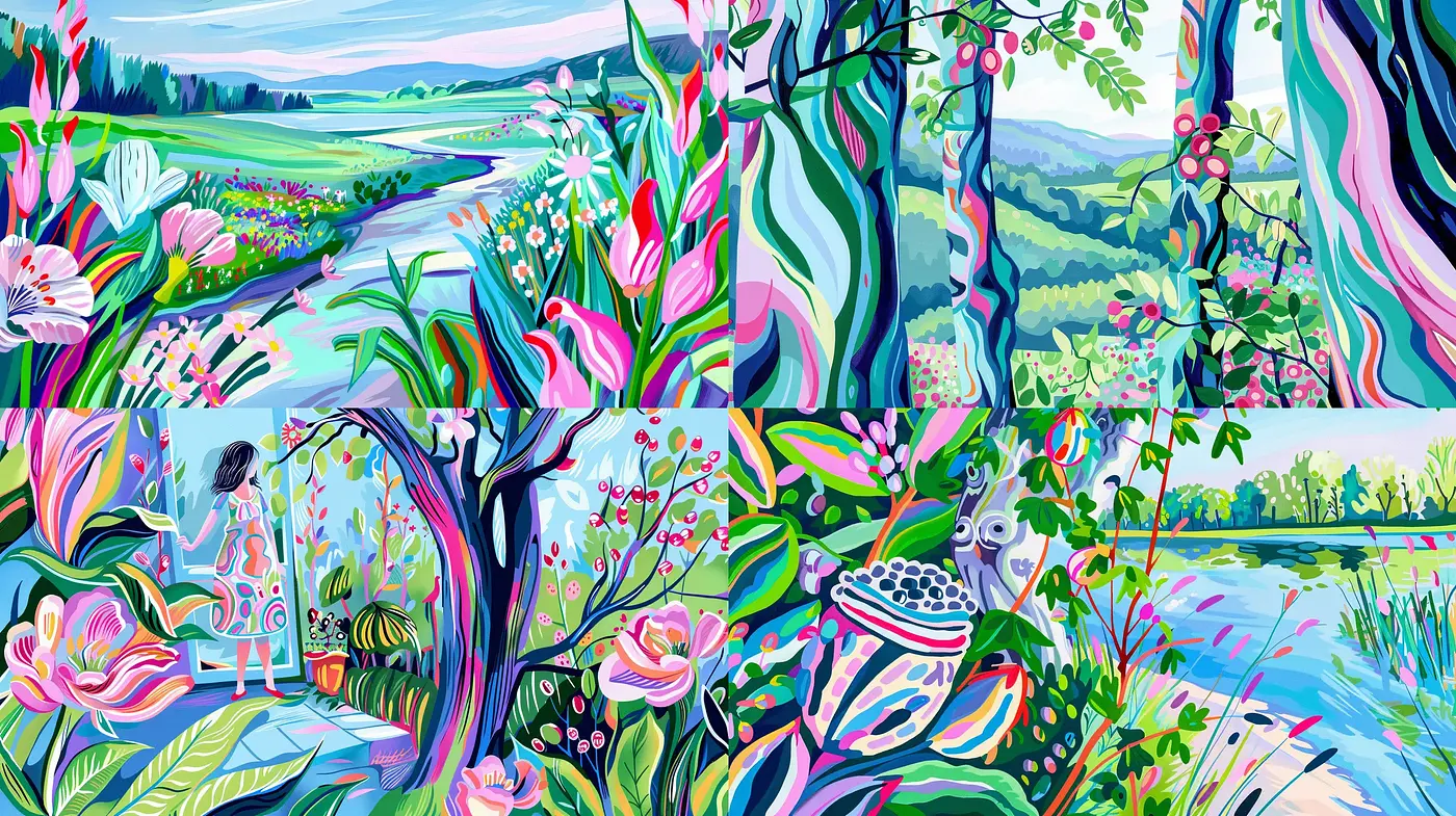 Vibrant Fauna and Flora in Expressive Brushwork Panorama - Midjourney sref style