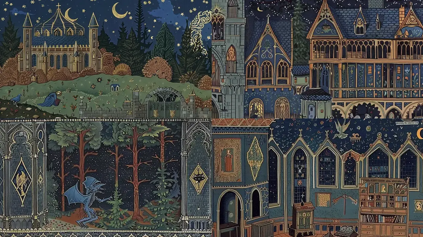 Whimsical Architectural Fantasies with Rich Detailing and Dreamy Tones - Midjourney sref style