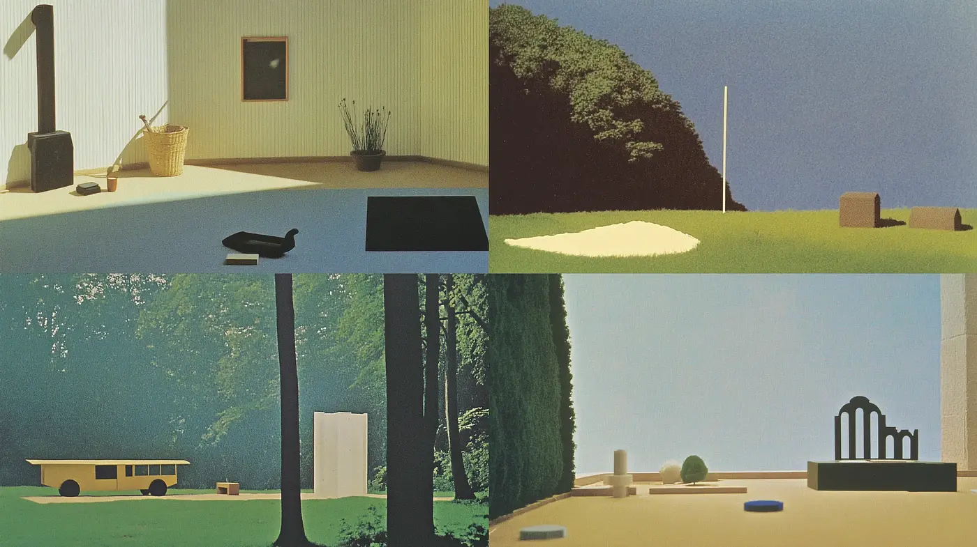 Serene Simplicity in Sunlit Pastels: A Homage to Tranquil Landscapes and Modernist Architectural Forms - Midjourney sref style