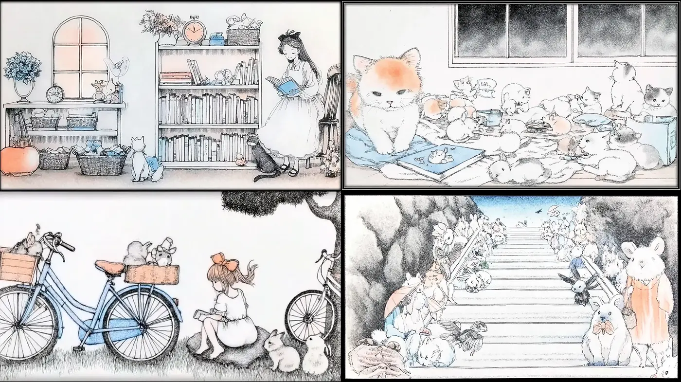 Charming Illustrative Scenes with Soft Blue Tones - Midjourney sref style