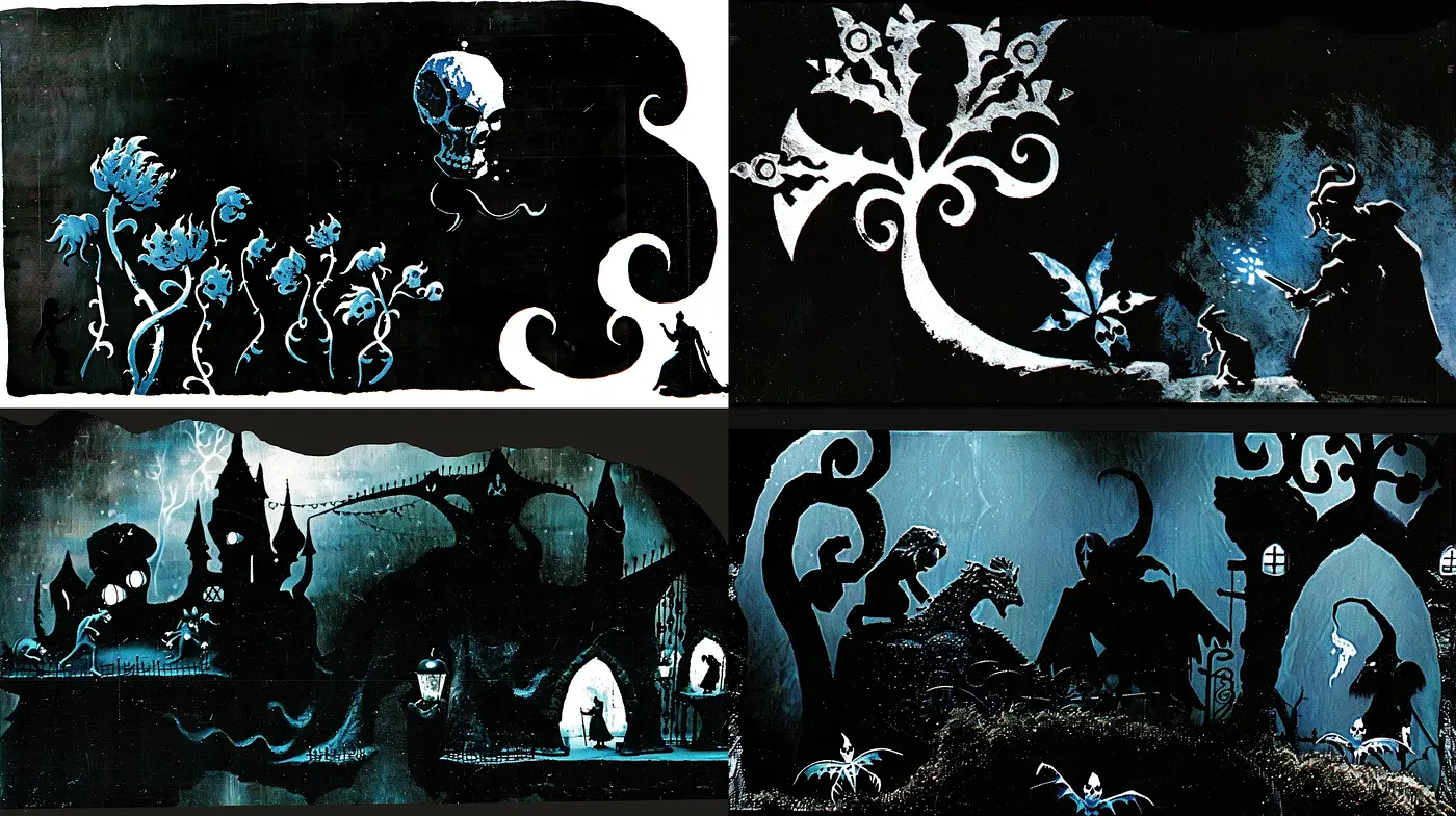 Ethereal Nocturne Silhouettes with a Fantastical Gothic Edge - Midjourney sref style
