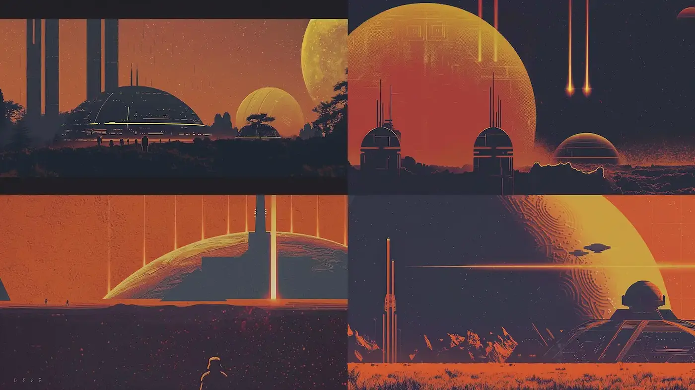 Futuristic Landscapes with a Retro Aesthetic and Surreal Elements - Midjourney sref style
