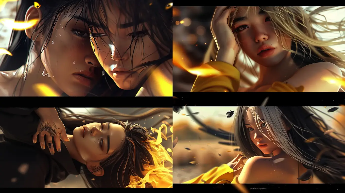 Emotive Cinematic Digital Illustration with a Warm Palette and Textured Details - Midjourney sref style
