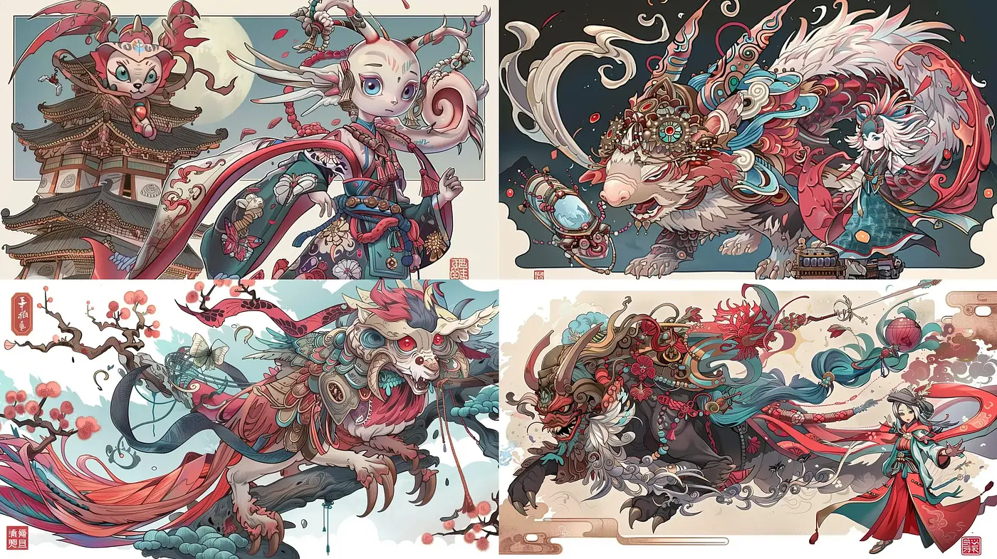 Ethereal Mythological Tapestry: A Fusion of Eastern Folklore and Dreamlike Fantasy - Midjourney sref style