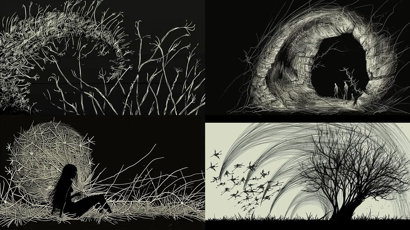 Ethereal Monochrome Vignettes: A Study in Stark Contrast and Dreamlike Surrealism - Midjourney sref style