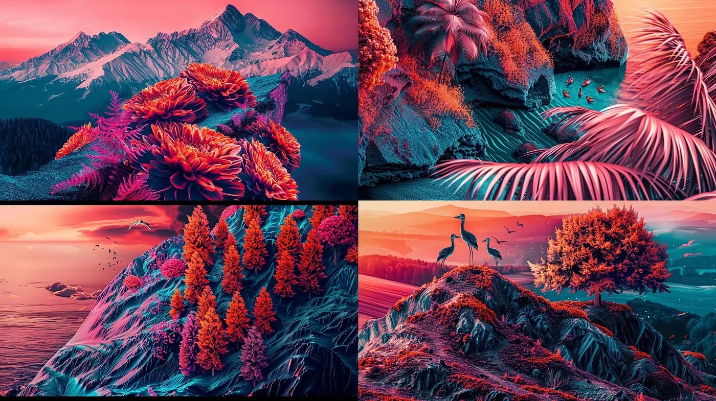 Surreal Cyan and Rose Hue Landscapes: A Fusion of Dreamlike Chroma and Natural Majesty - Midjourney sref style