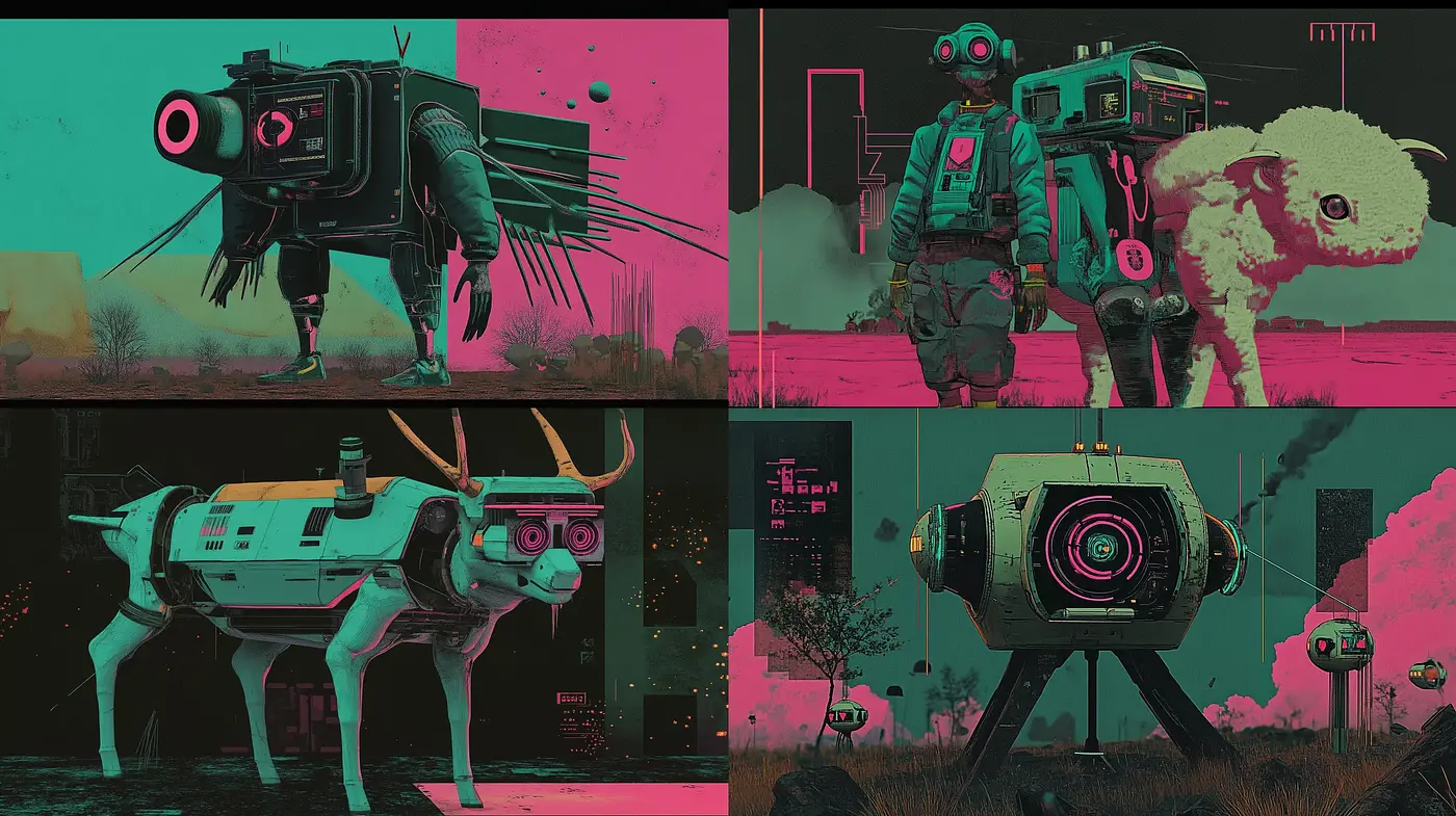 Neon Tech Wilderness: A Retro-Futuristic Cyberpunk Panorama - Midjourney sref style