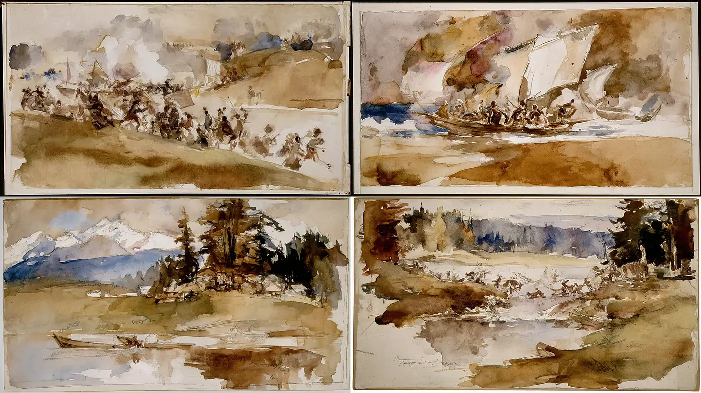 Exploration of Watercolor Landscapes with Historical Narratives - Midjourney sref style
