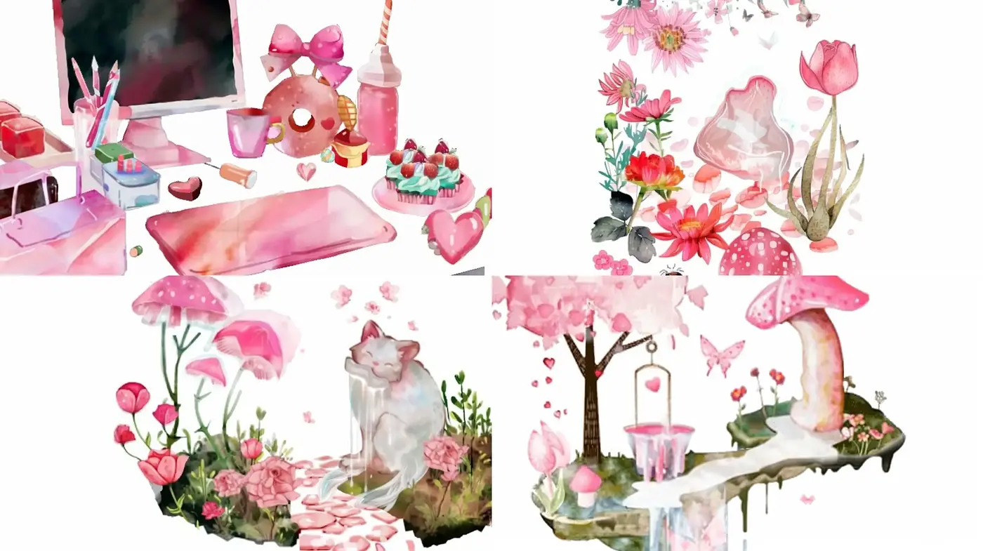 Whimsical Watercolor Dreamscapes in Pink - Midjourney sref style