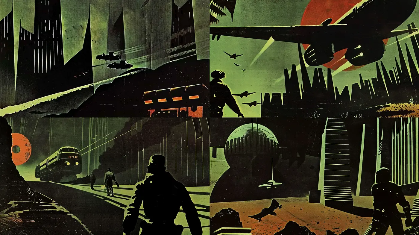 Dystopian Retro-Futurism with Nocturnal Hues - Midjourney sref style