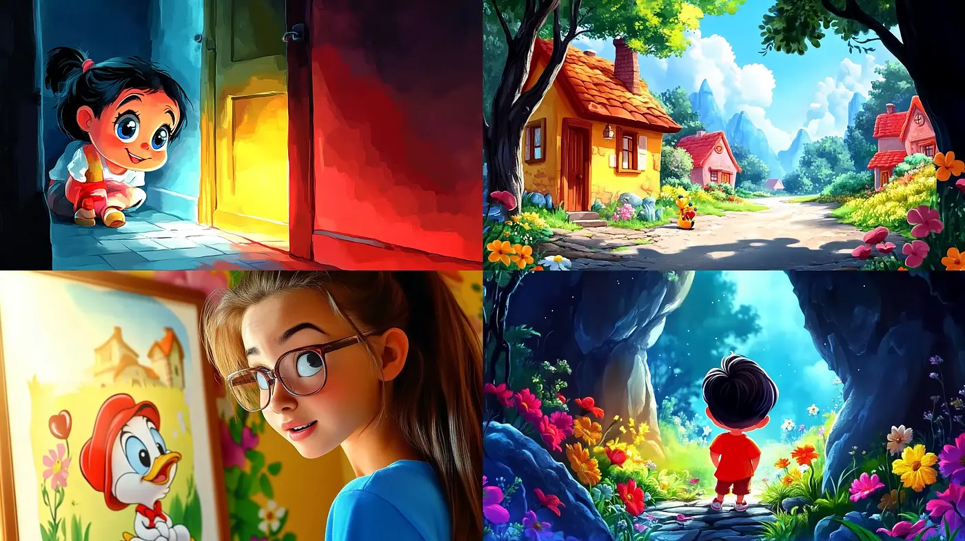 Enchanting Storybook Whimsy: A Journey Through Vivid Colors and Expressive Cartoon Warmth - Midjourney sref style