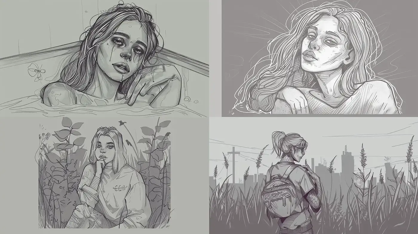 Monochromatic Sketchbook Portraits with a Contemporary Realistic Approach - Midjourney sref style