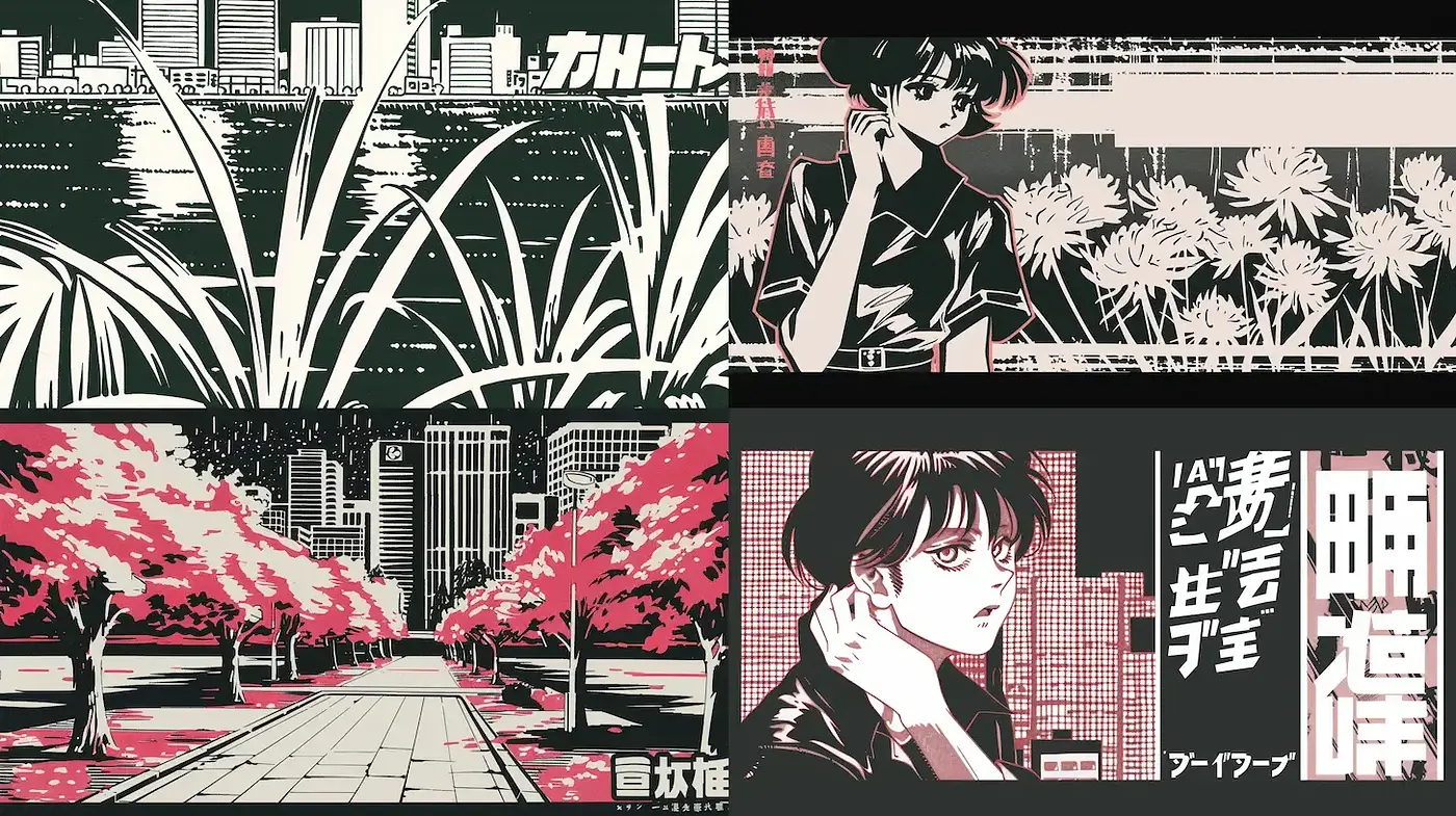 Synthesized Nostalgia: A Stylized Retro Anime Homage in Monochrome and Crimson - Midjourney sref style