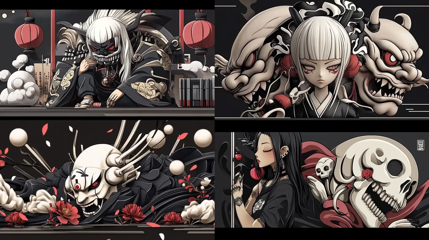 Dark Elegance in Modern Yokai Illustration - Midjourney sref style