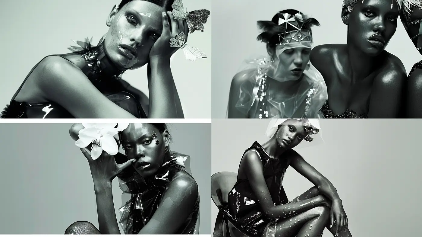 Monochromatic Fusion of Contemporary Fashion and Surrealism - Midjourney sref style