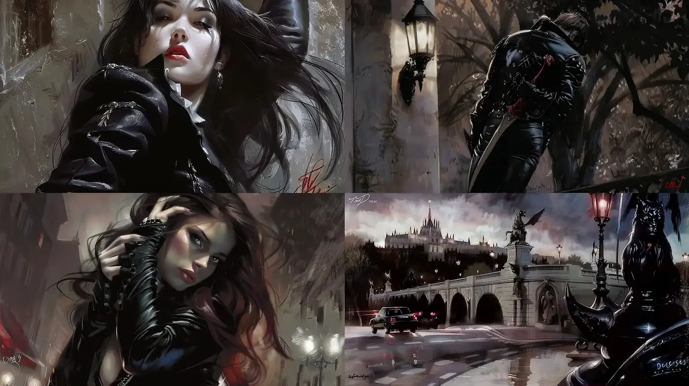 Dark and moody urban fantasy with strong character focus - Midjourney sref style