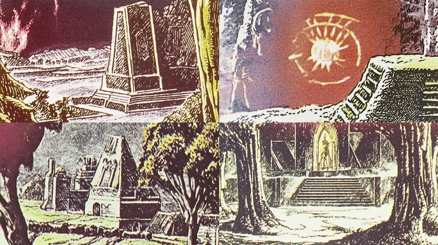Mystical Ruins in Twilight Hues: A Synthesis of Surrealism and Etching - Midjourney sref style