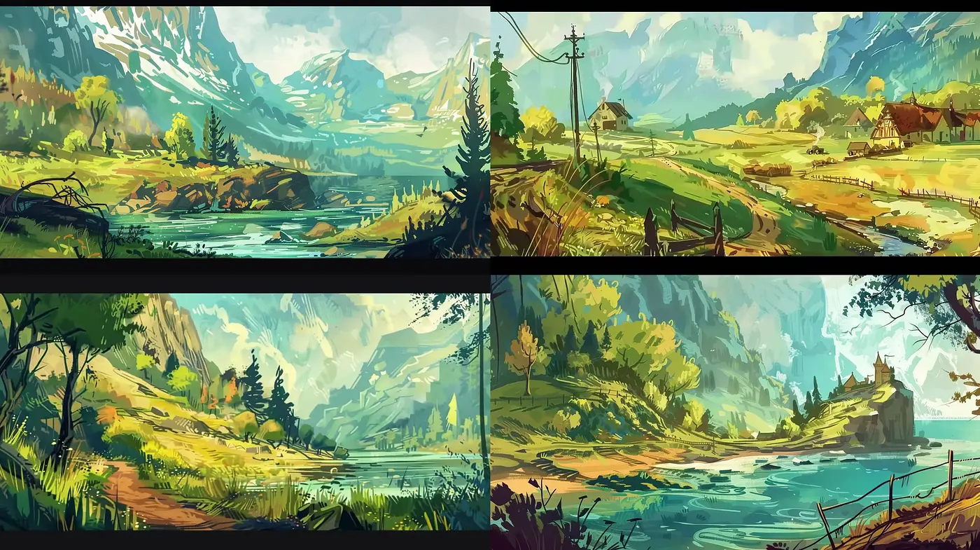 Idyllic Pastoral Landscapes in Vivid Brushwork - Midjourney sref style