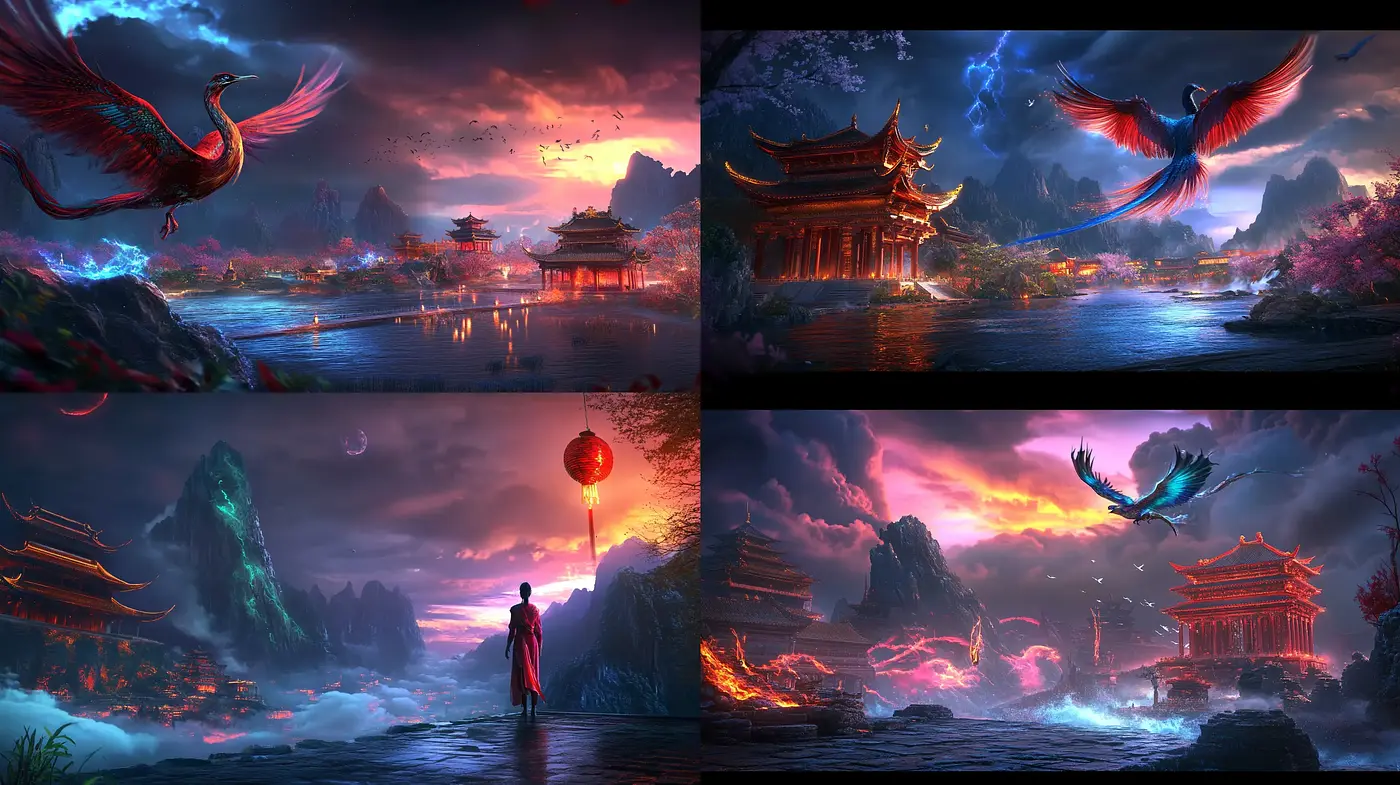 Luminous Twilight Panorama: A Fusion of Mythical Elegance and Dusk's Radiance - Midjourney sref style