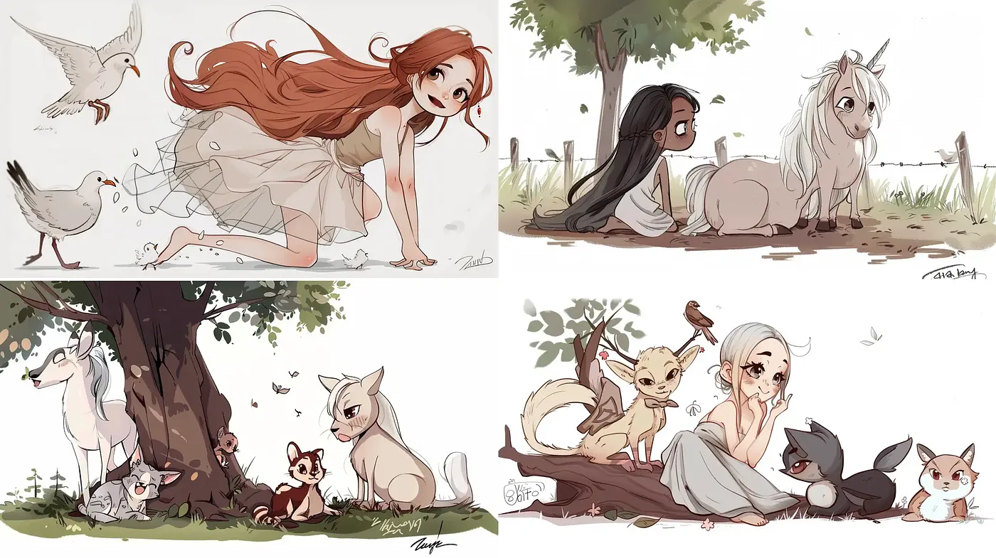Enchanting Whimsicality: Consistent Soft Tones in Stylized Nature and Character Illustrations - Midjourney sref style