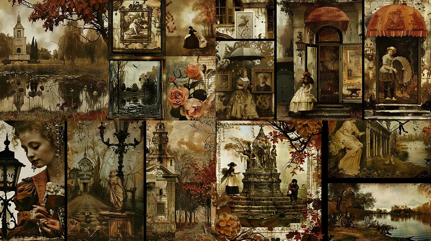 Autumnal Sepia Collage with Painterly Textures and Vintage Undertones - Midjourney sref style