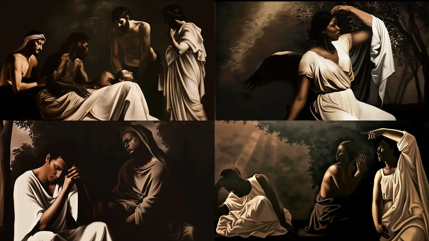 Classical Elegy in Sepia Tones: A Timeless Evocation of Human Emotion - Midjourney sref style
