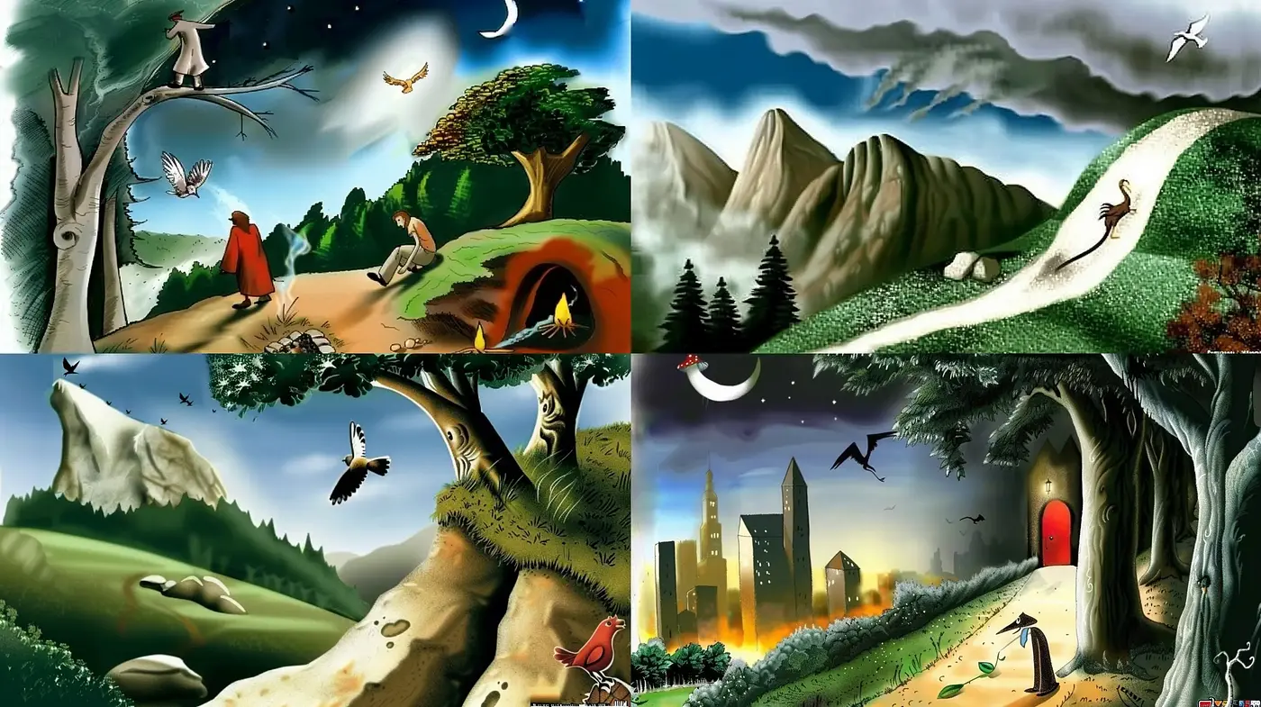 Surrealistic Dreamscape Fusion with Vibrant Nature and Urbanscapes - Midjourney sref style