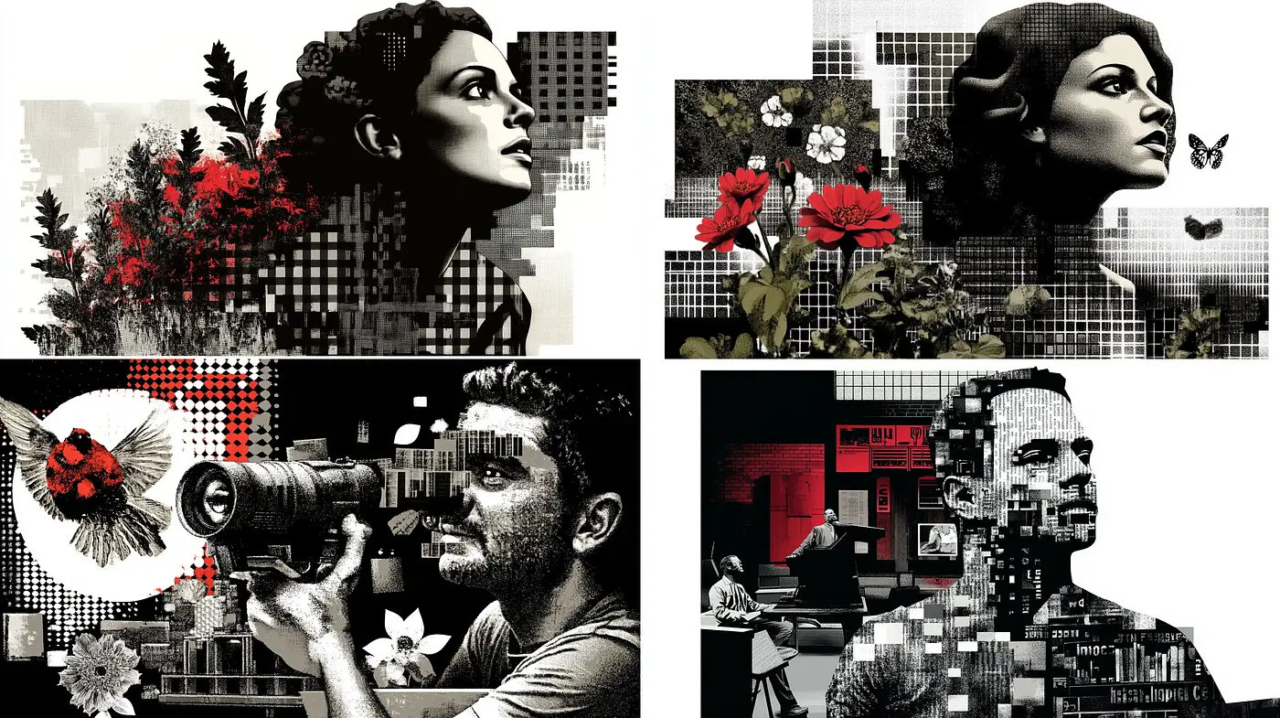 Monochrome Mosaic with Red Floral Accents - Midjourney sref style