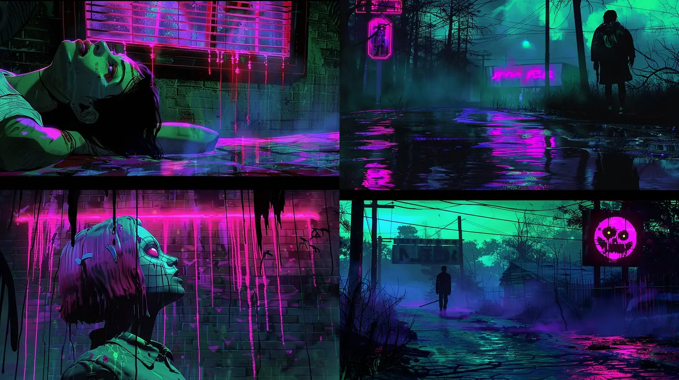 Neon-Noir Dreamscape: A Fusion of Cyberpunk Aesthetics and Rain-Drenched Nightscapes - Midjourney sref style