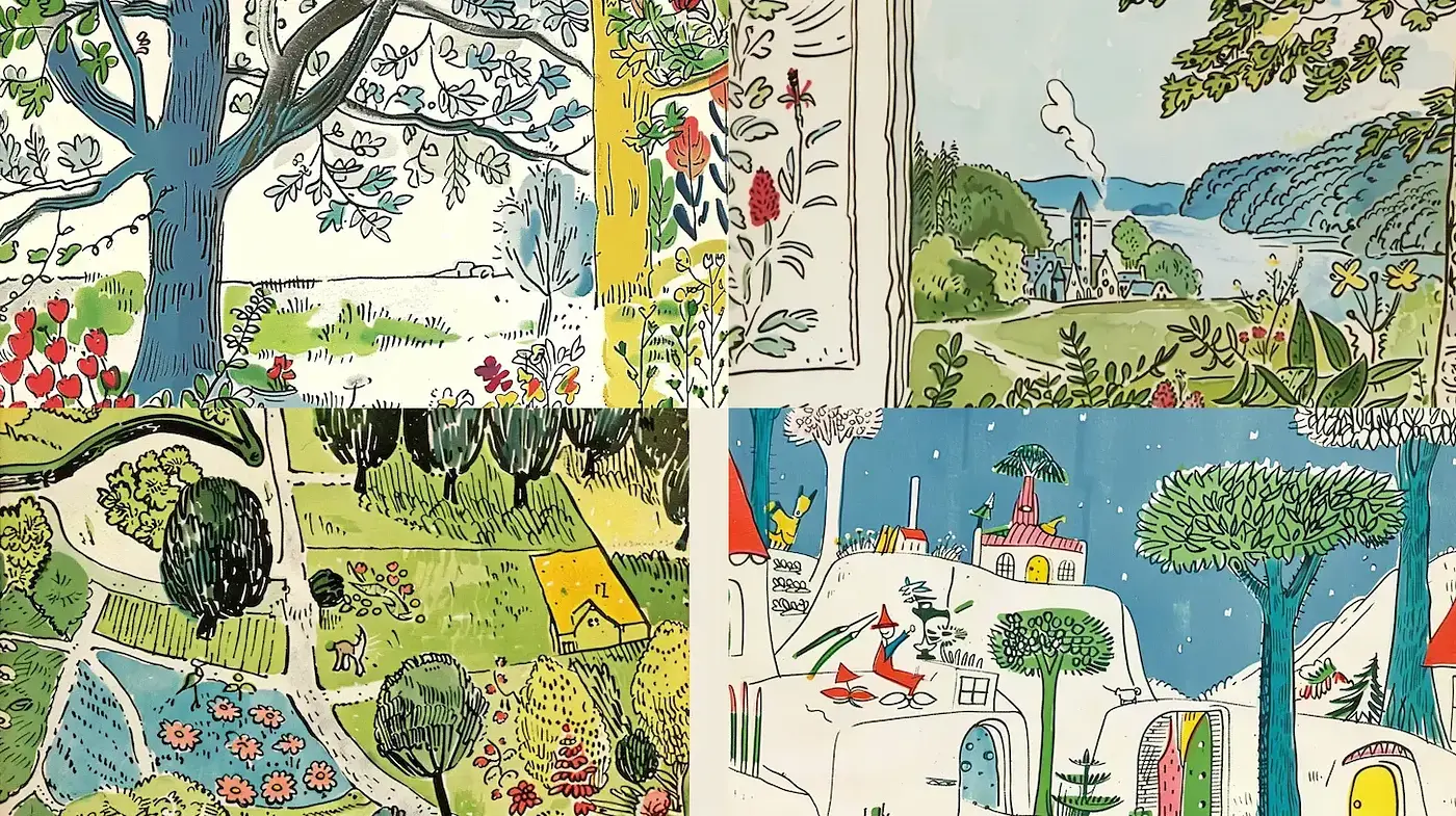 Playful and Whimsical Scenic Illustrations with Detailed Textures - Midjourney sref style