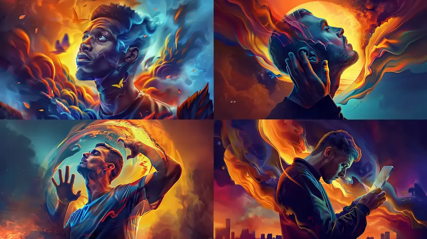 Dramatic and Ethereal Digital Portraits with Fiery Elements - Midjourney sref style