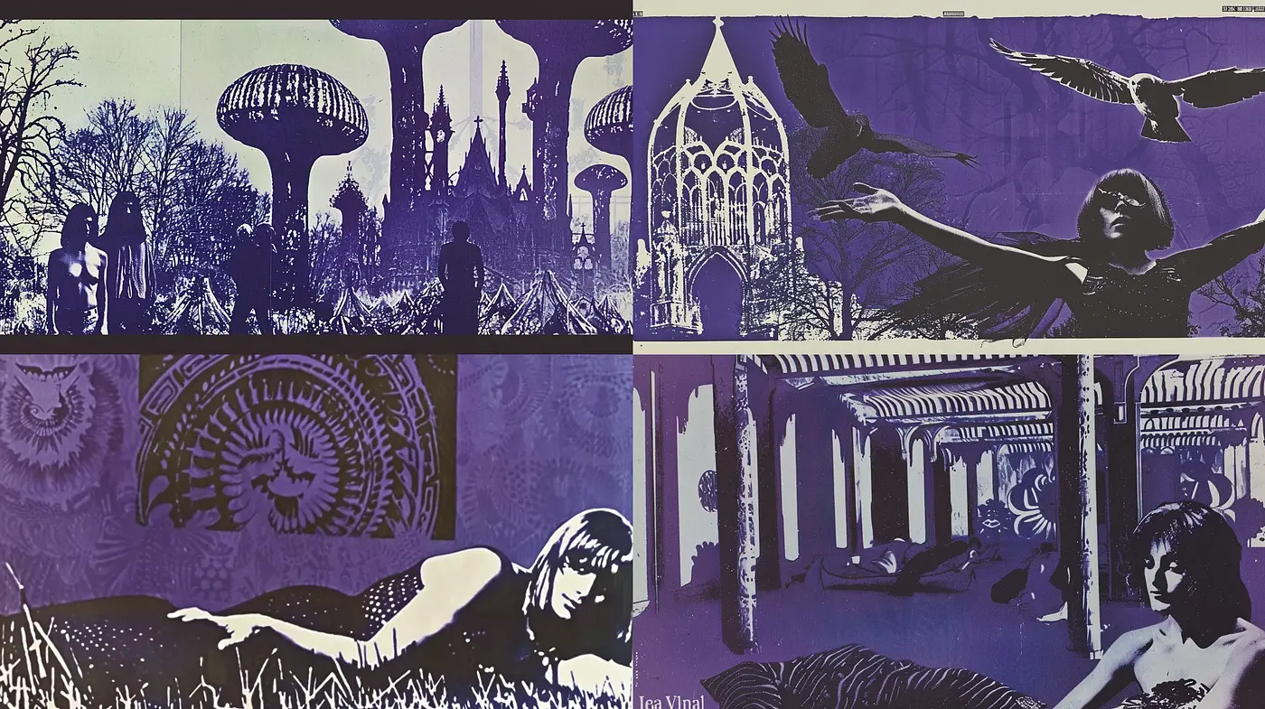 Silhouetted Storybook Contrasts: An Homage to Psychedelic Art and Gothic Architecture - Midjourney sref style