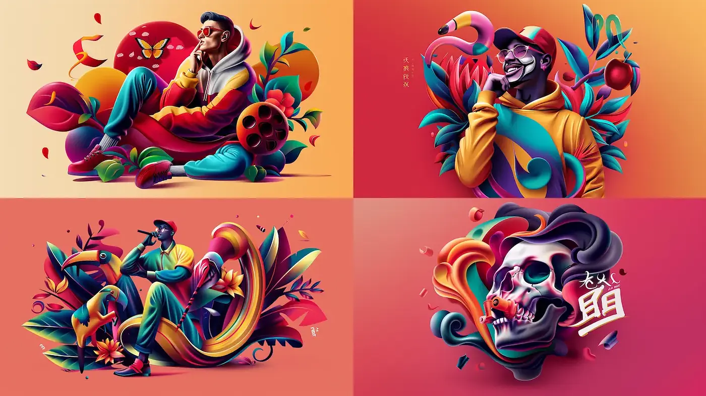 Vibrant, stylized illustration with dynamic shapes and saturated colors - Midjourney sref style