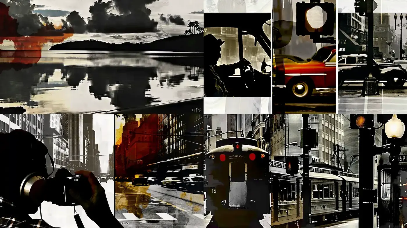 Dynamic and Cinematic Urban Collage with a Nostalgic Touch - Midjourney sref style
