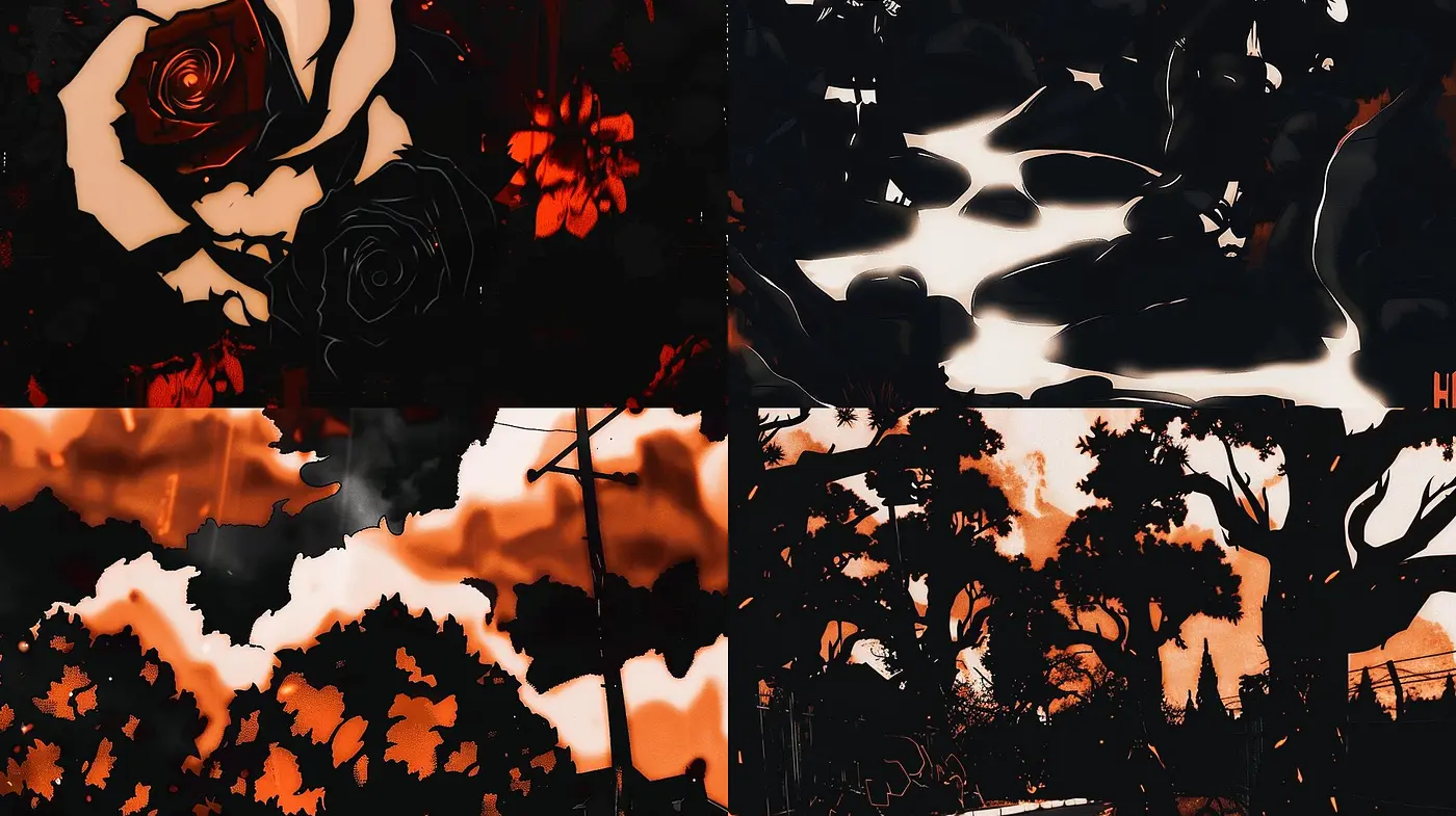 Nocturnal Echoes in Crimson and Charcoal: An Artistic Intersection of Dark Tones and Stark Contrasts - Midjourney sref style