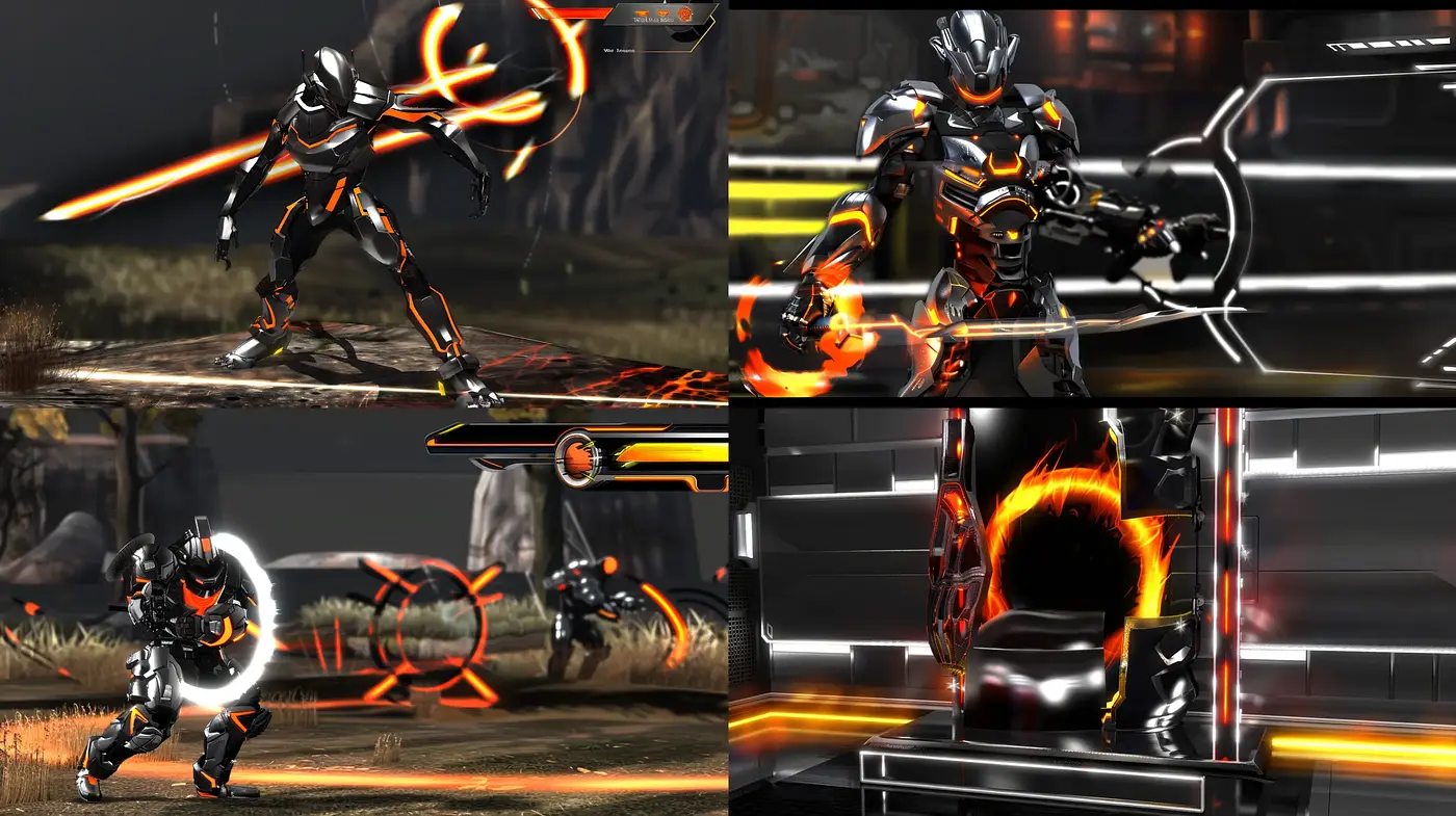 Cybernetic Fervor with Ember Hues: A Dynamic Digital Art Assembly - Midjourney sref style