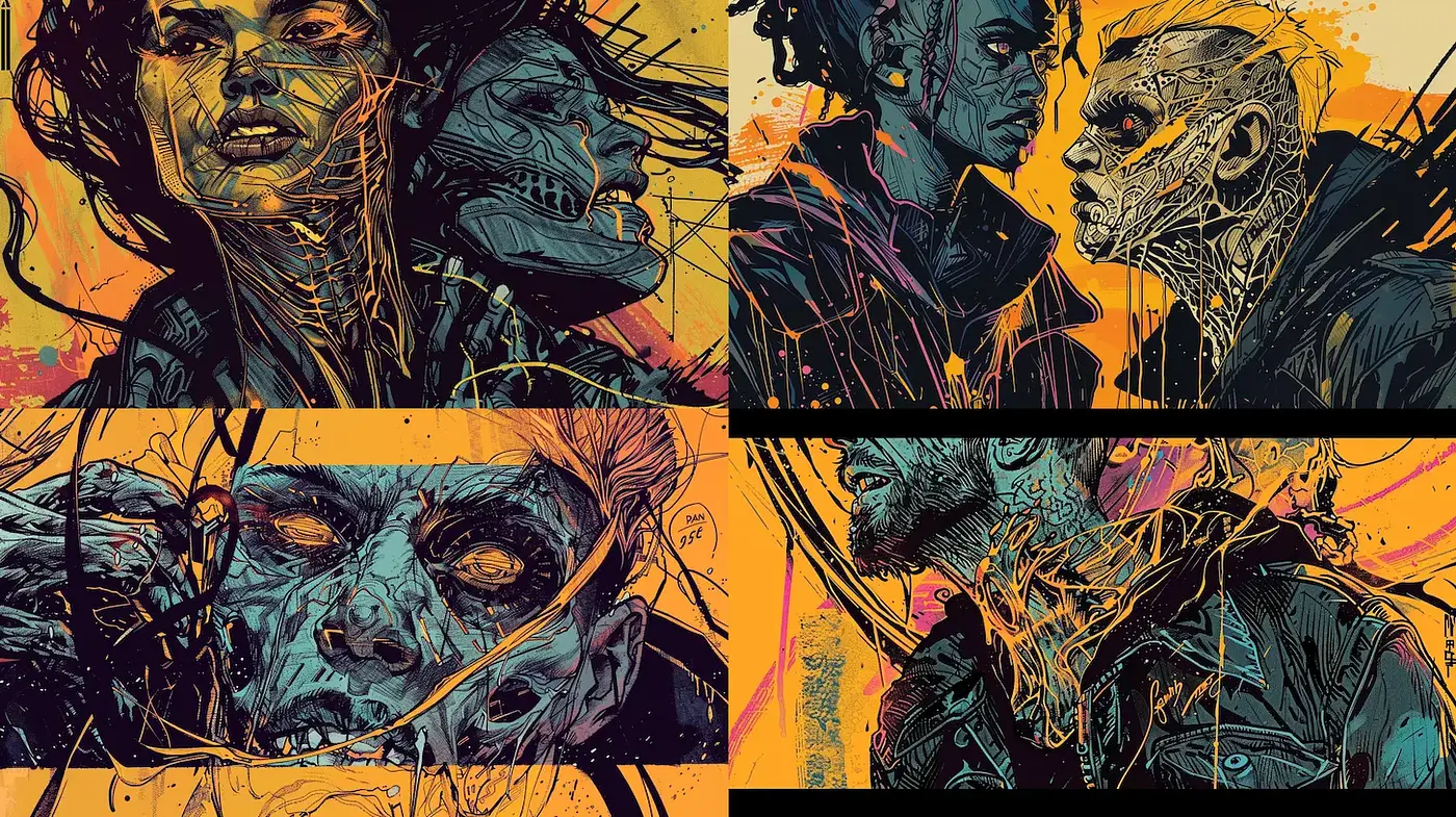 Dynamic and Intense Graphic Novel Aesthetic with a Neon Vibrancy - Midjourney sref style