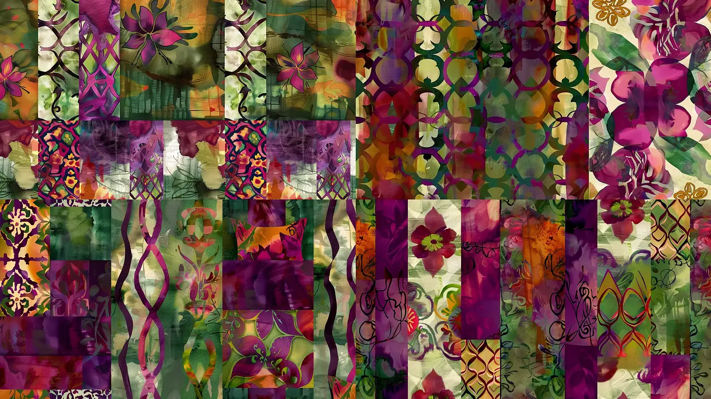 Vibrant Patchwork Mosaic of Abstract Florals and Geometrics - Midjourney sref style
