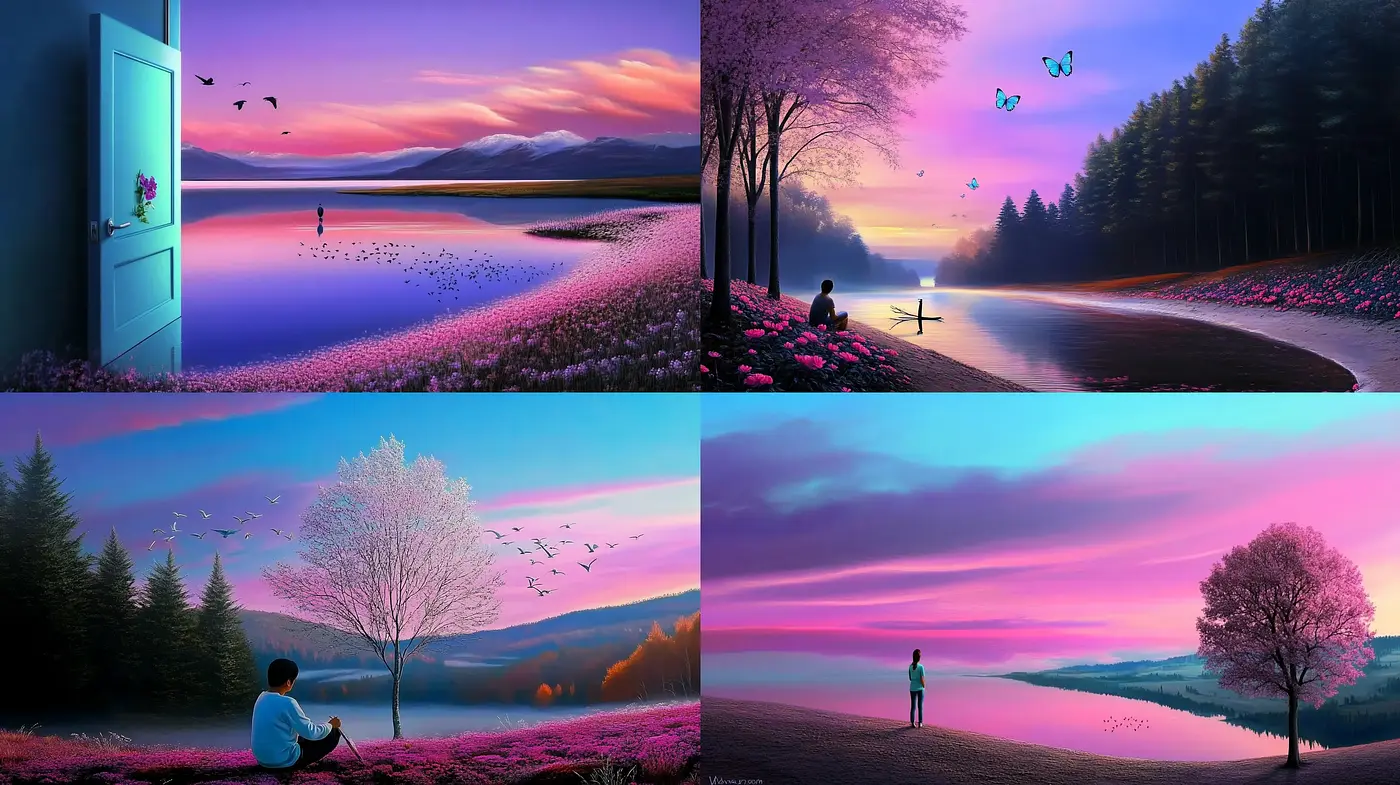 Twilight Serenity: A Dreamlike Fusion of Vivid Purples and Serene Landscapes - Midjourney sref style