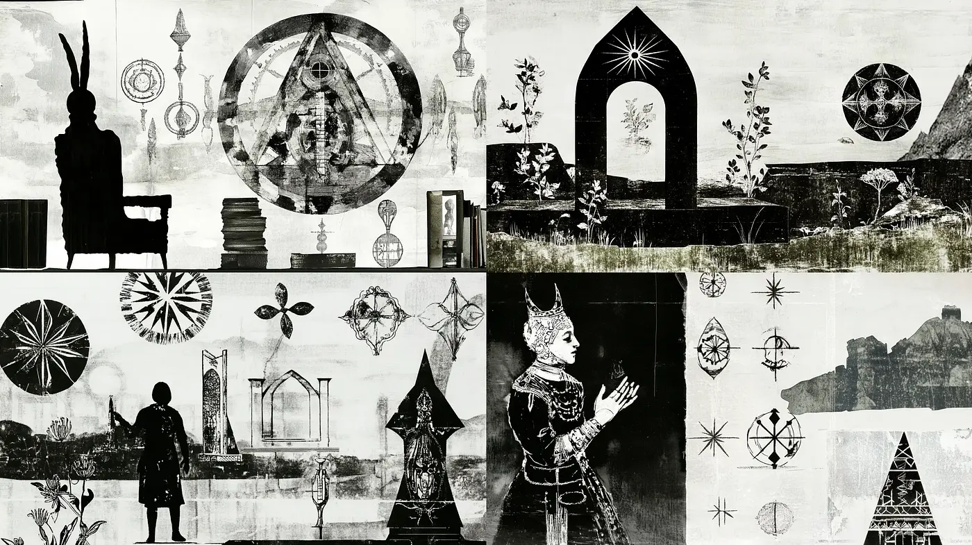 Esoteric Montage in Monochrome: A Fusion of Mysticism and Surrealism - Midjourney sref style